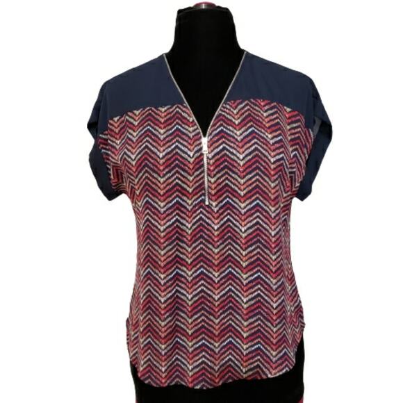 Chevron Striped Zipper Semi Sheer Short Sleeve Top Large Indie Boho Chic Retr - Picture 2 of 13